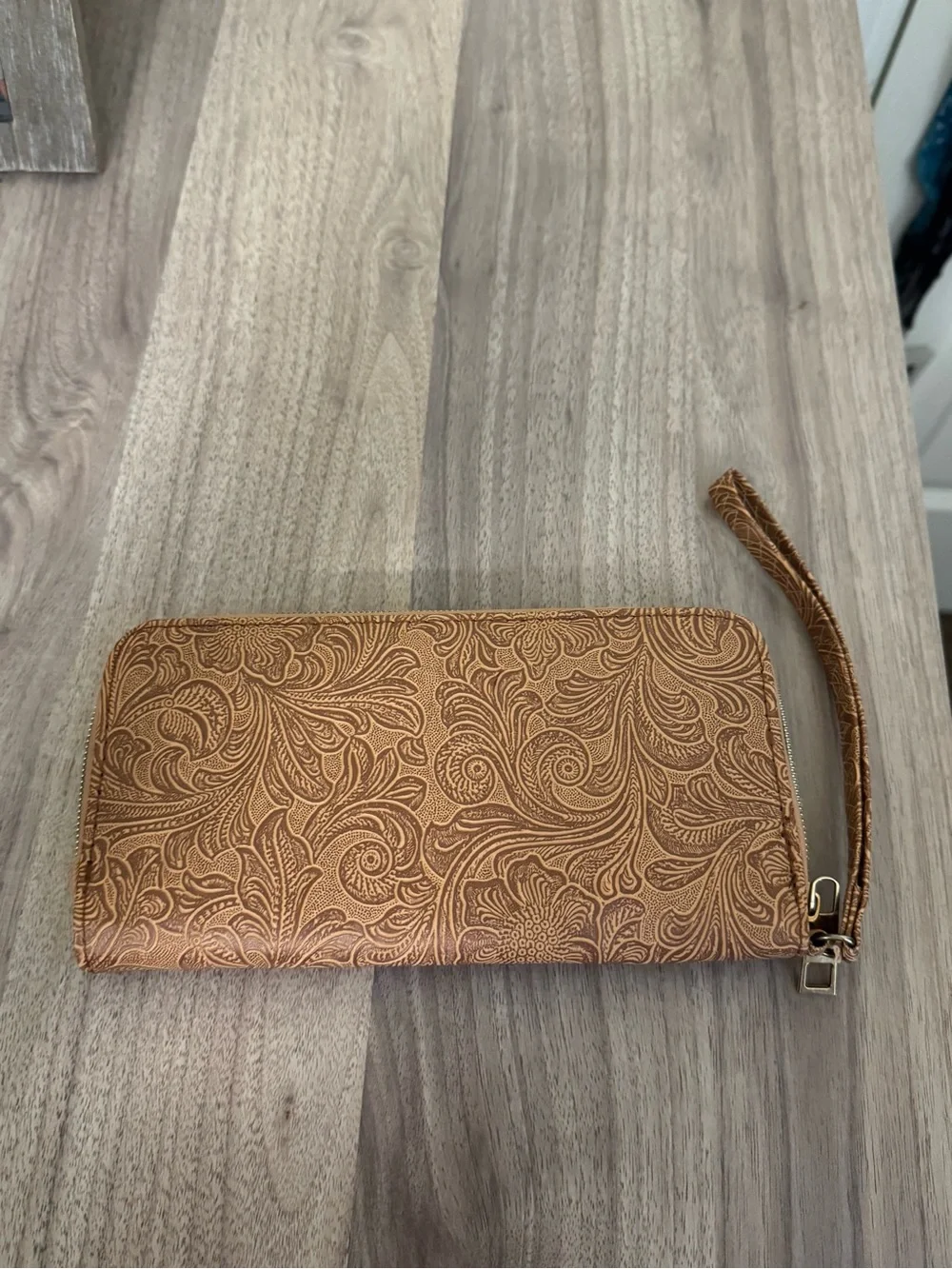 Wristlet Zip Wallet - Embossed Tan Floral Design